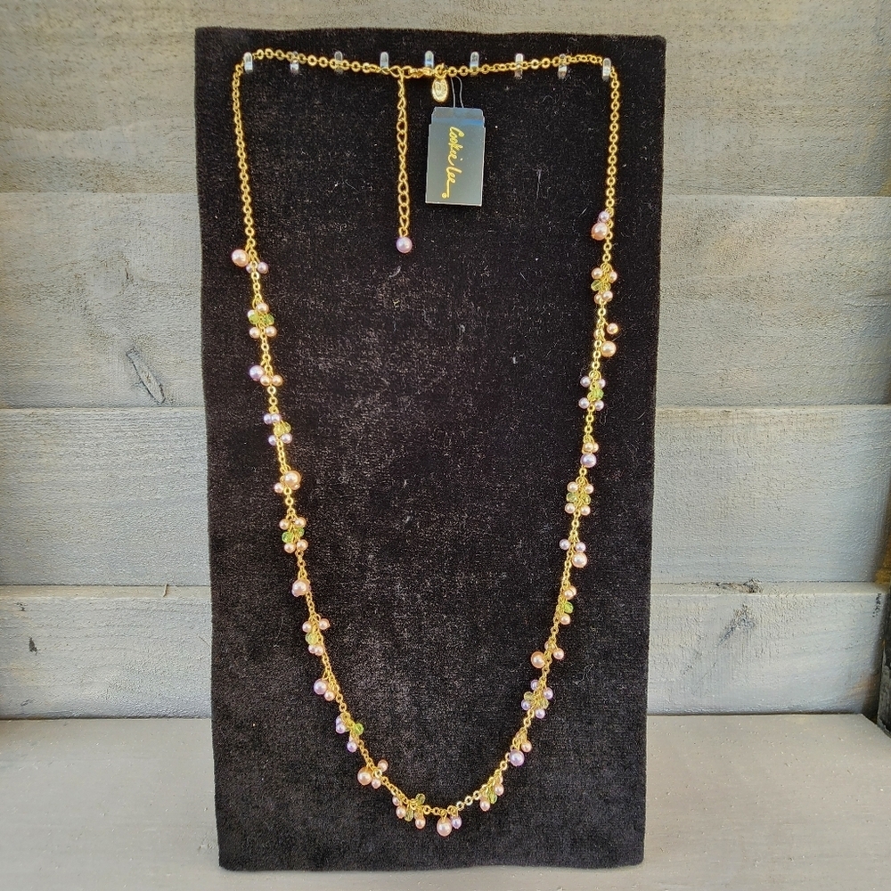 Cookie Lee Gold Necklace With Pink And Green Beads #82285 NWT